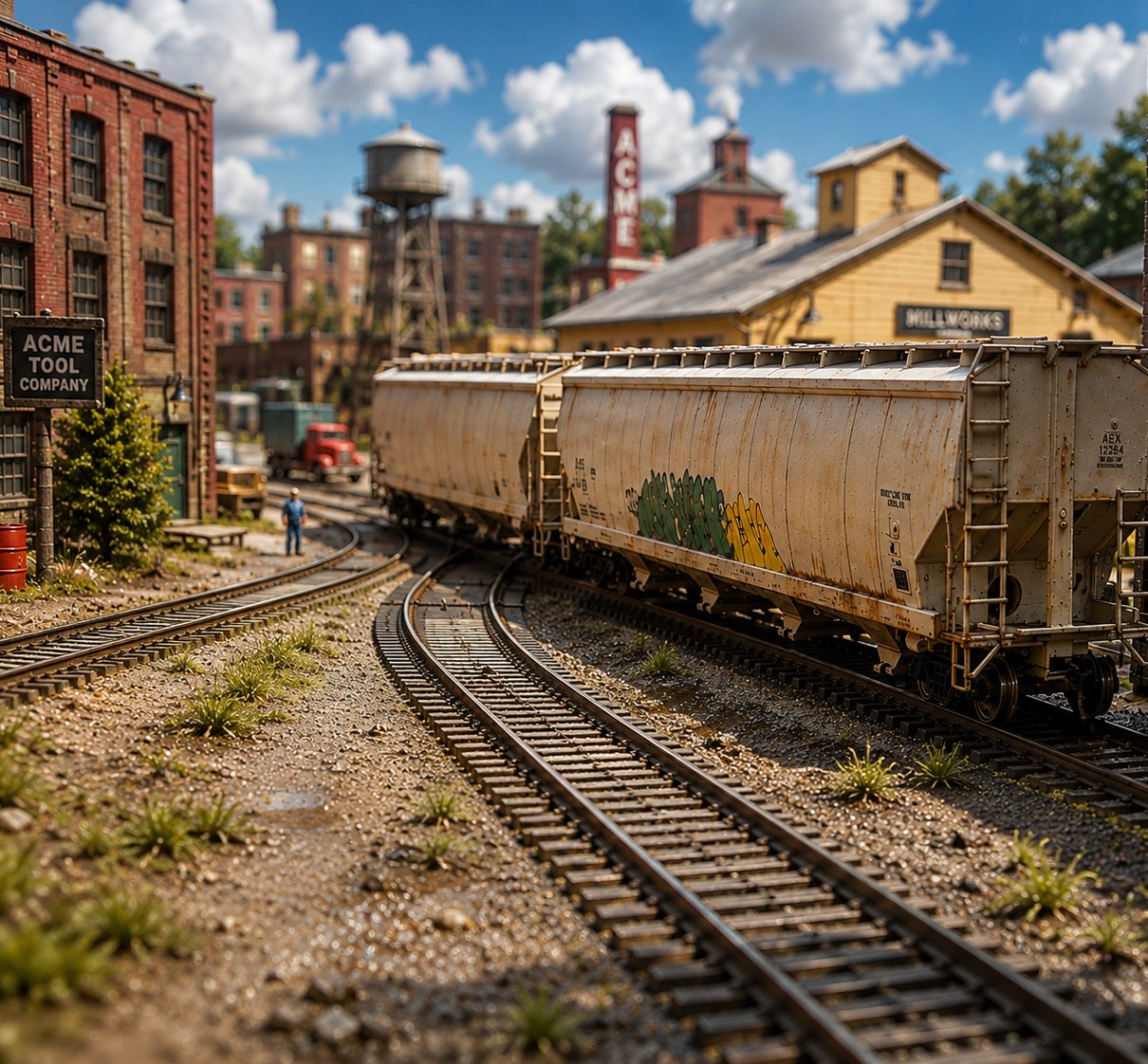 A model railroad yard, covered hoppers standing beside converging tracks
