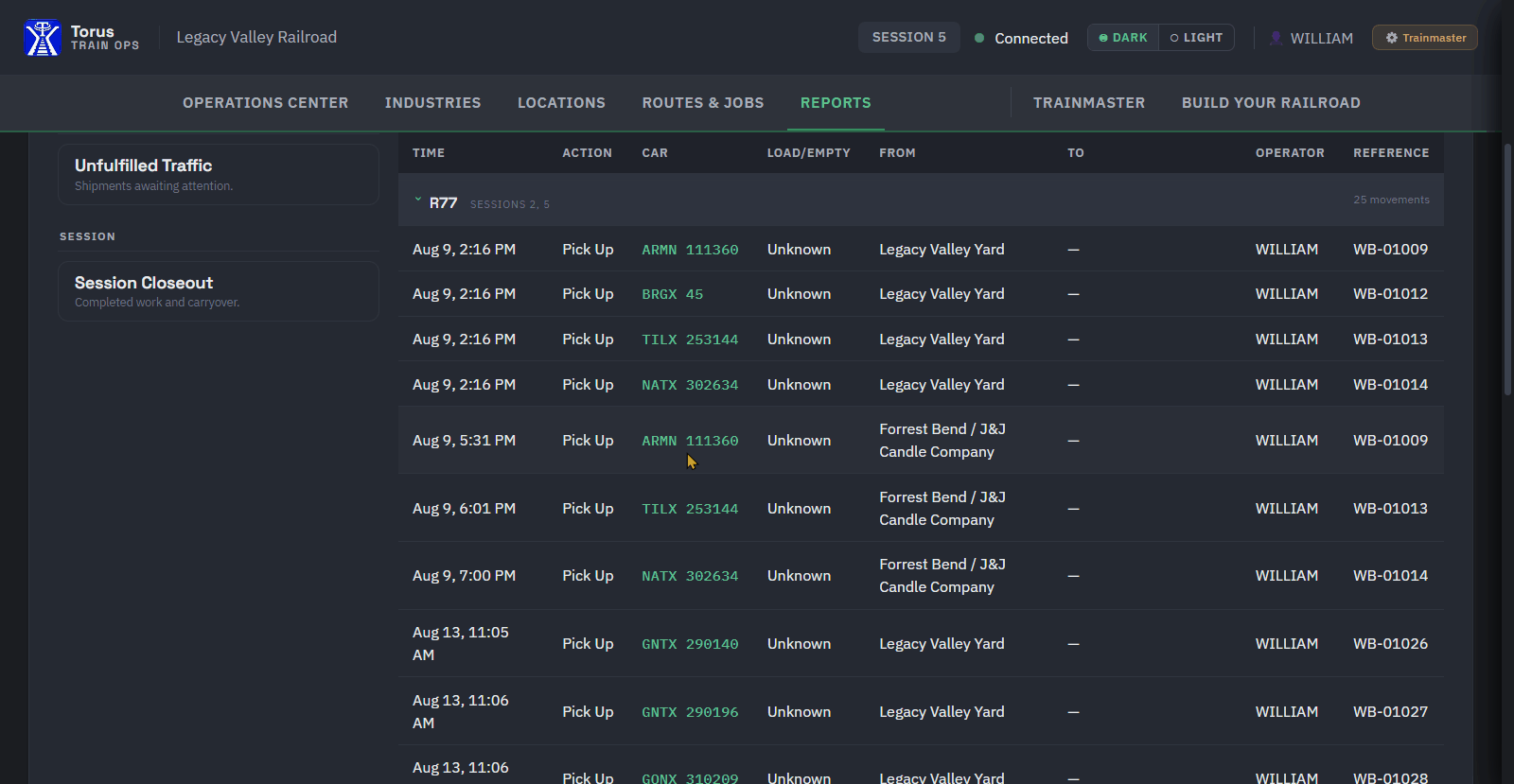 A timestamped report of car movements with the operator and waybill reference for each